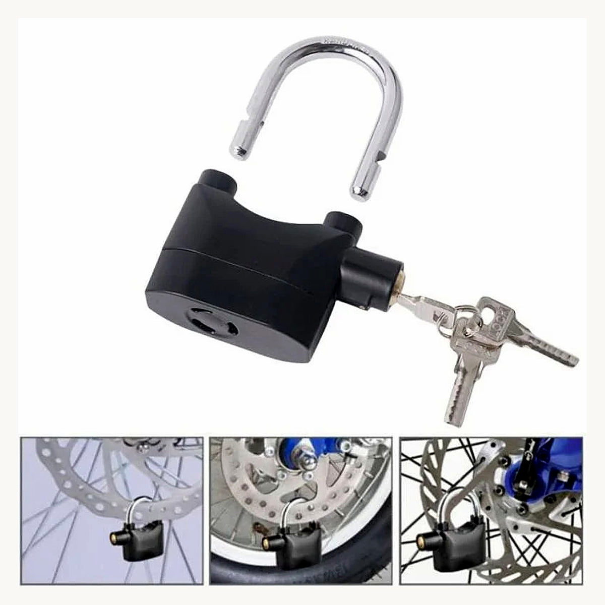 Alarm lock fitted on motorcycle disc brake