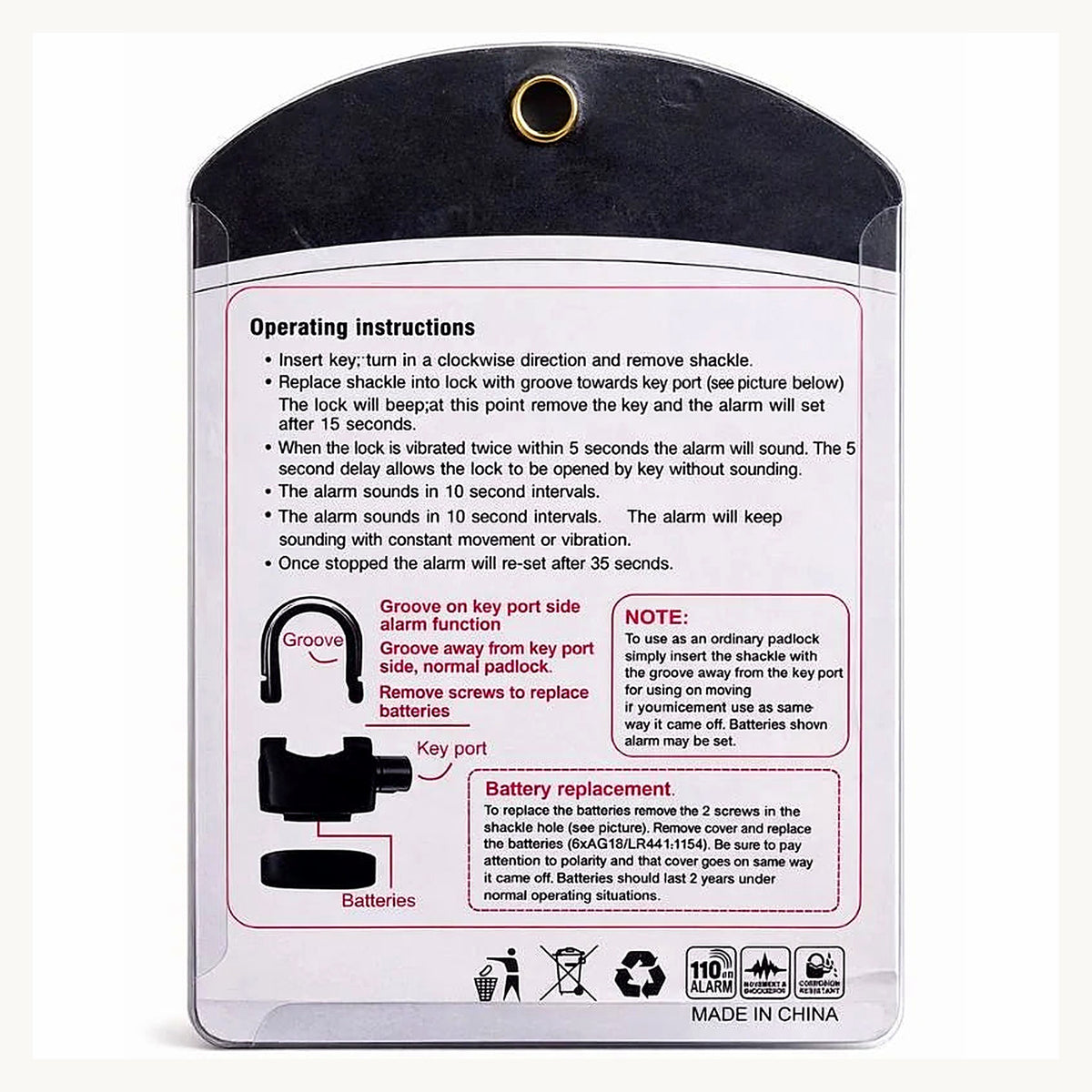Alarm lock package back with operating instructions