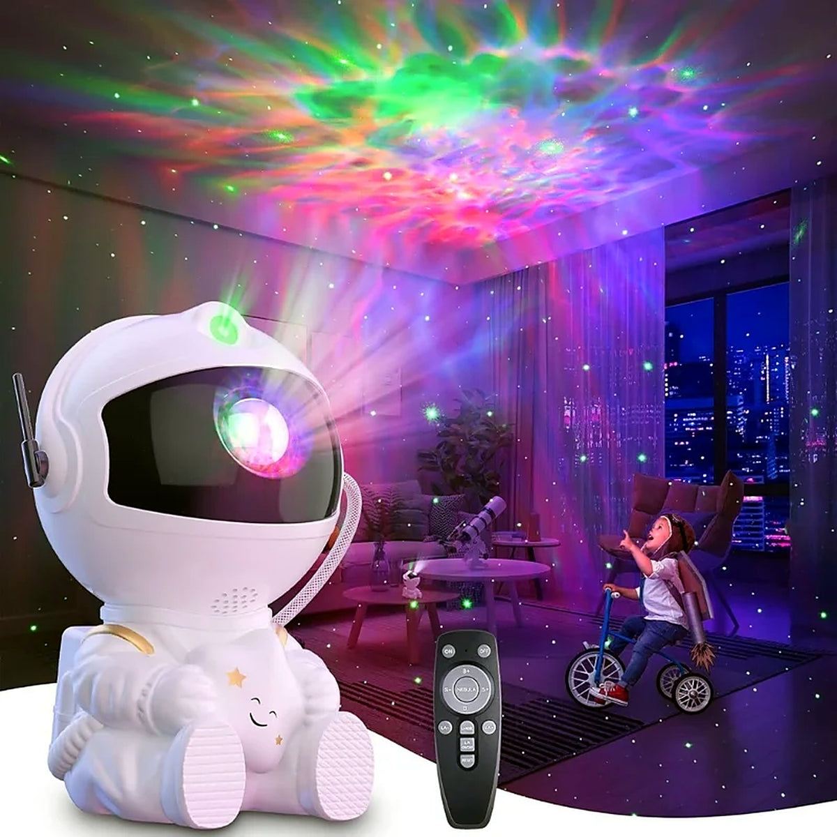 Astronaut galaxy lamp with remote control projecting nebula on bedroom ceiling