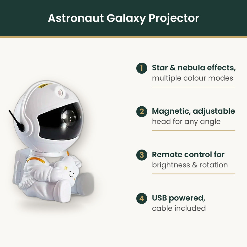 Astronaut galaxy projector features: nebula effects, magnetic head, remote control, USB powered