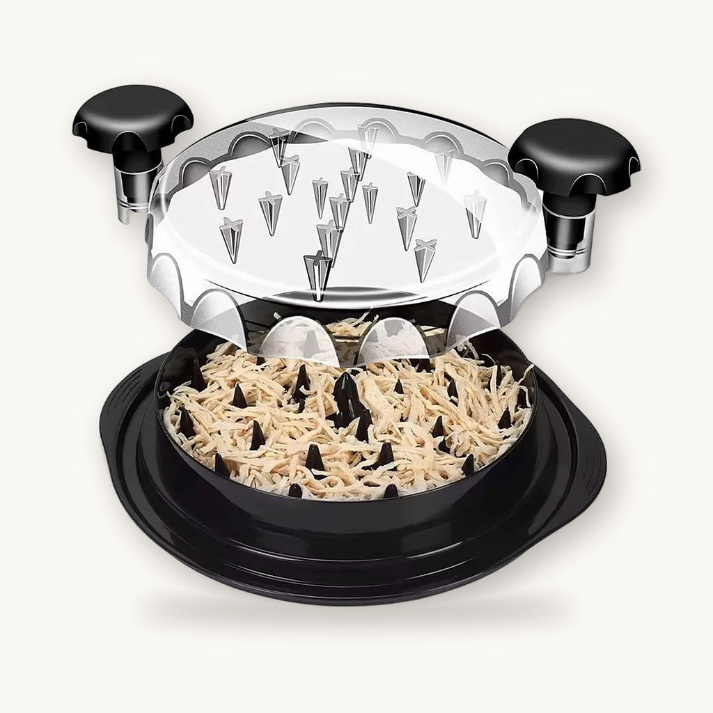 Manual chicken shredder with twist handles and lid, black