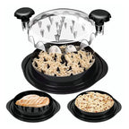 Chicken shredder with lid open showing shredding teeth, before and after shredding