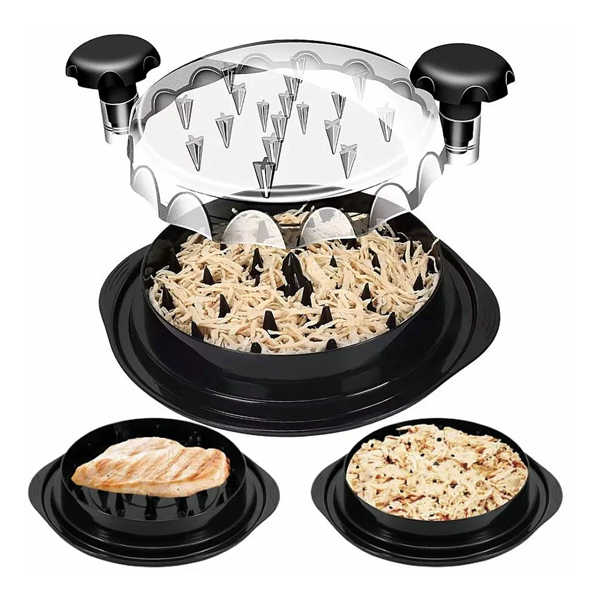 Chicken shredder with lid open showing shredding teeth, before and after shredding