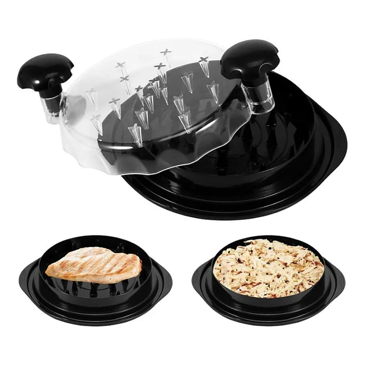 Meat shredder lid and base with cooked chicken breast and shredded chicken