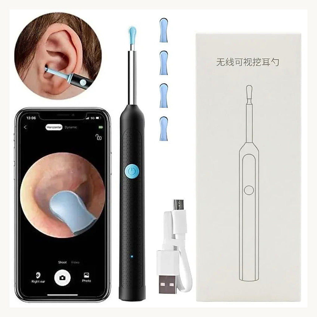 Ear cleaner kit with app view, silicone tips, cable and box