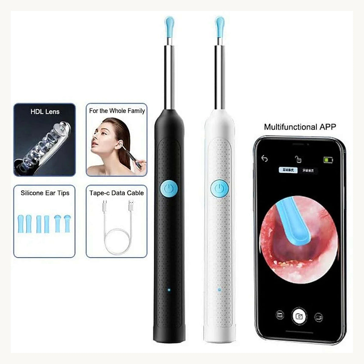 Ear cleaner in black and white with app view