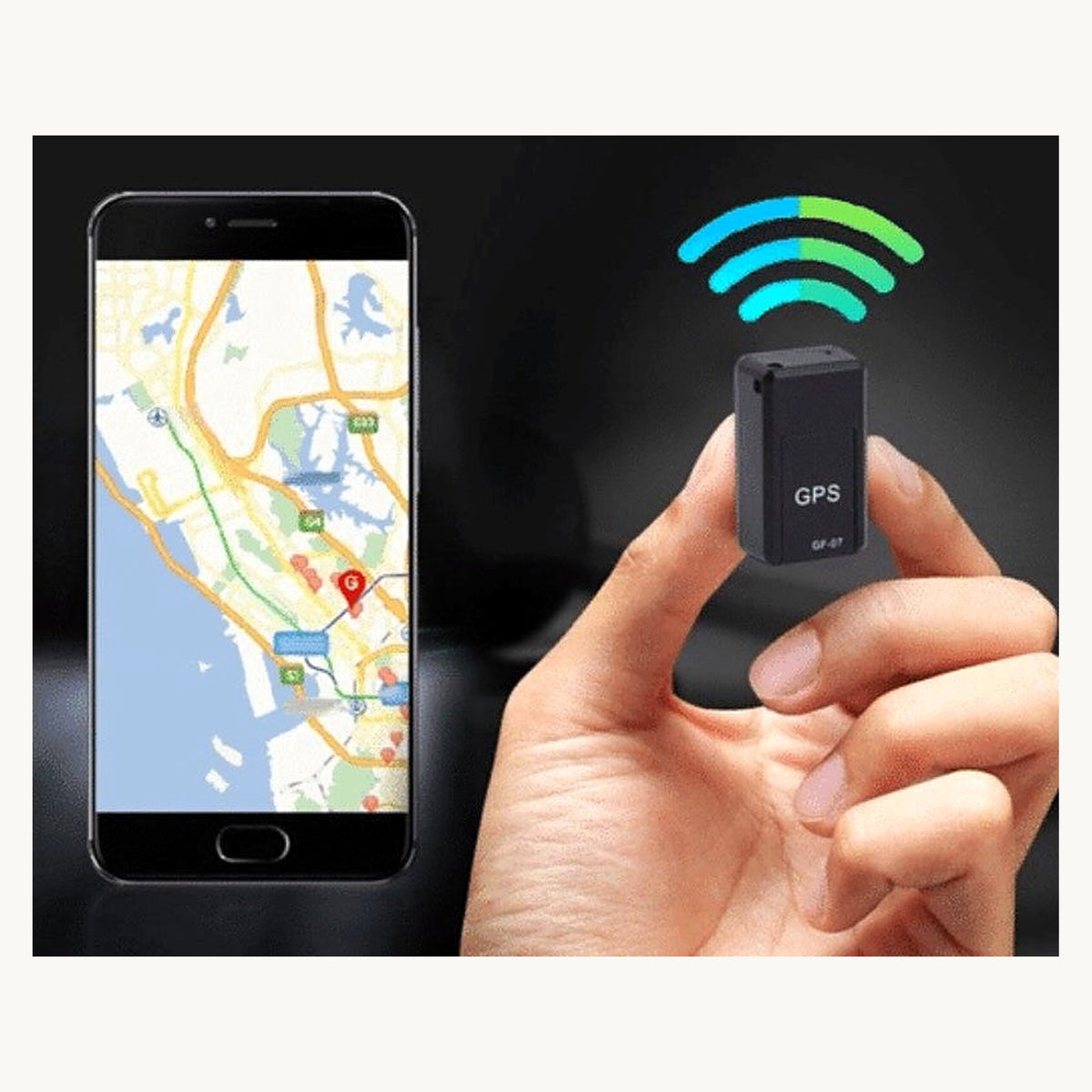 GPS tracker held in hand next to phone showing live map