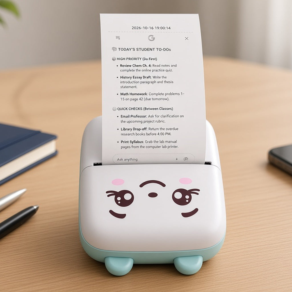 Mini thermal printer printing a student to-do list on a study desk
