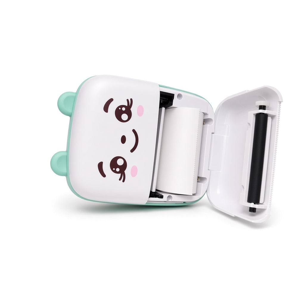 Mini pocket printer with lid open showing the thermal paper roll