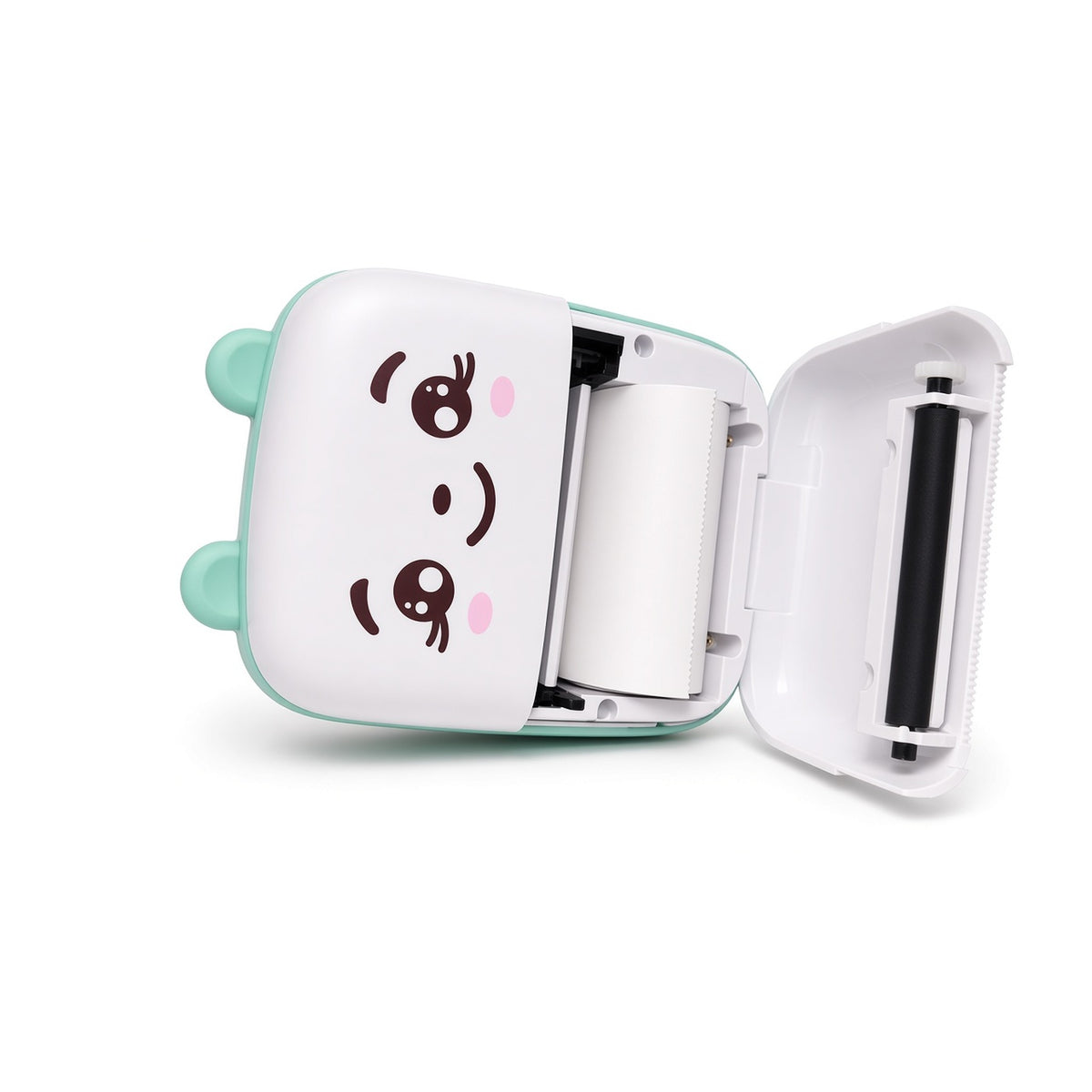 Mini pocket printer with lid open showing the thermal paper roll