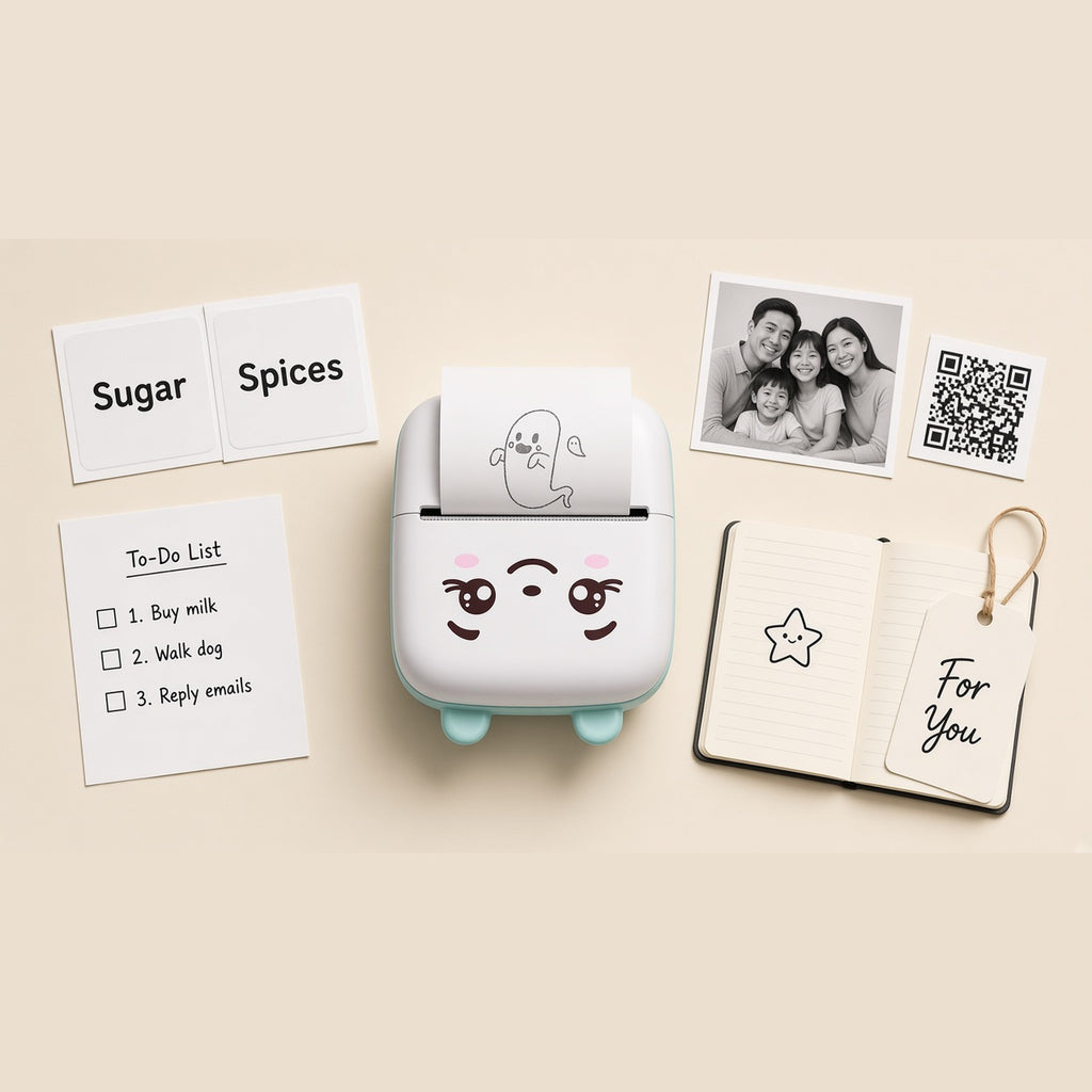 Mini thermal printer uses: labels, photos, QR codes, notes and gift tags