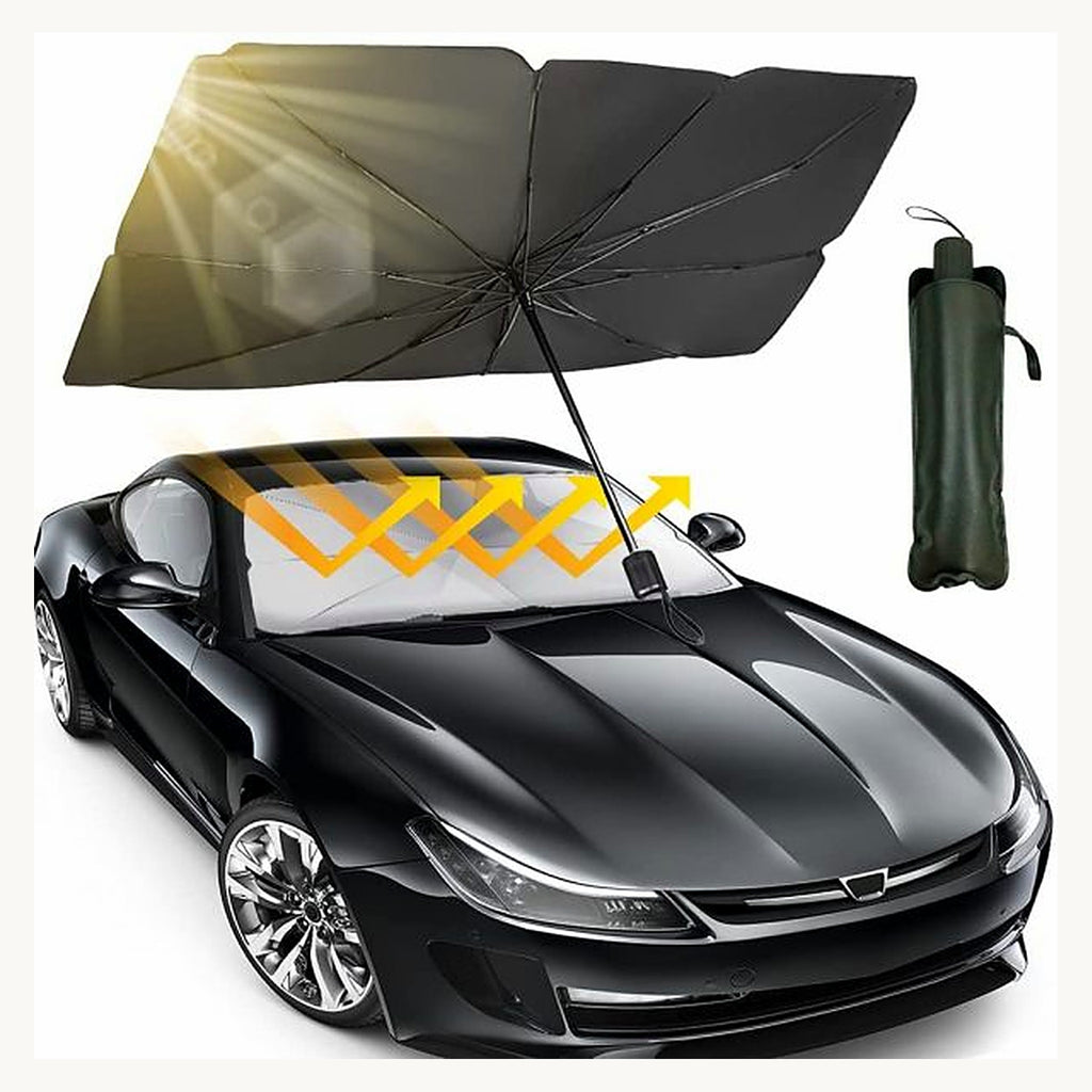 Umbrella sunshade on car windshield with storage sleeve