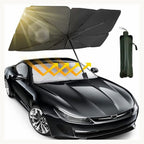 Umbrella sunshade on car windshield with storage sleeve