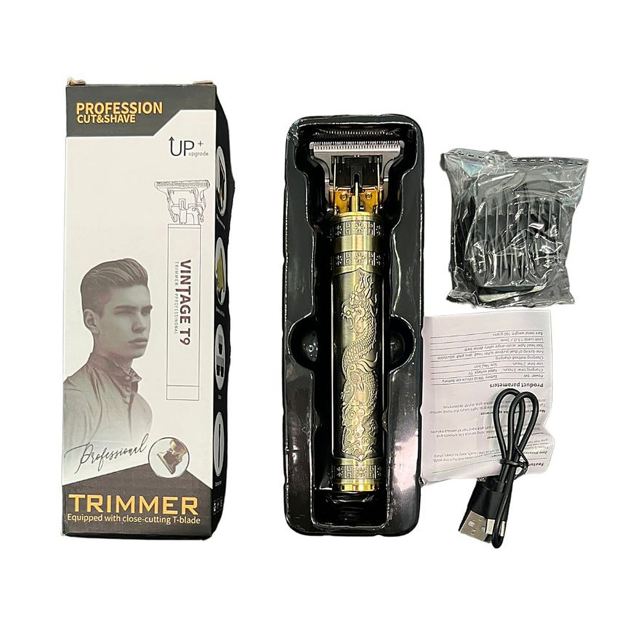 Vintage T9 trimmer box contents with USB cable and cleaning brush