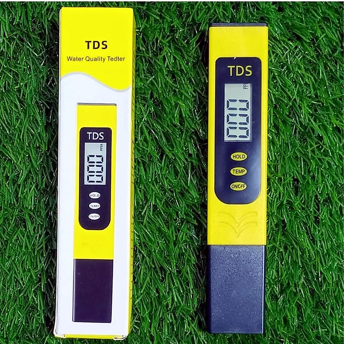 TDS meter testing water outdoors
