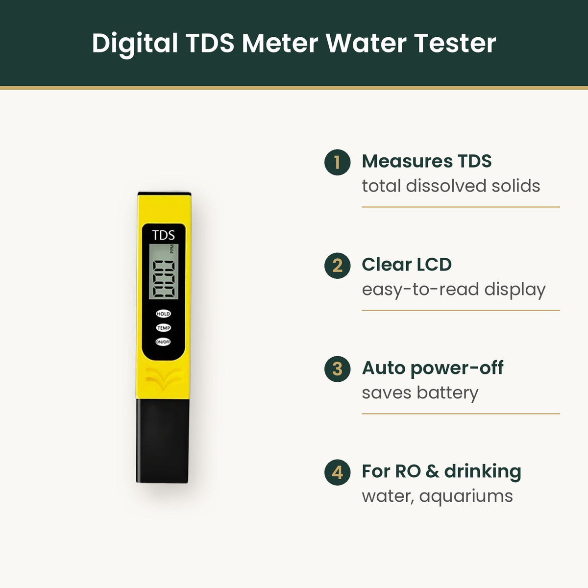 Digital TDS meter features infographic
