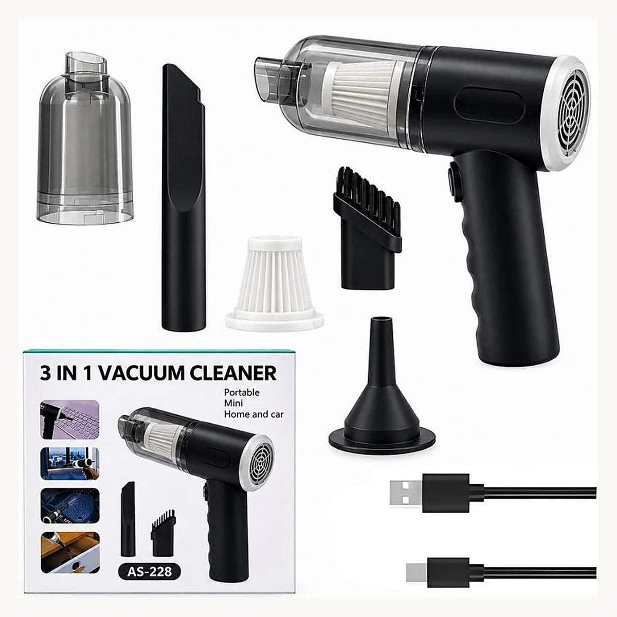 3-in-1 cordless vacuum cleaner and air blower with nozzles, filter and cables